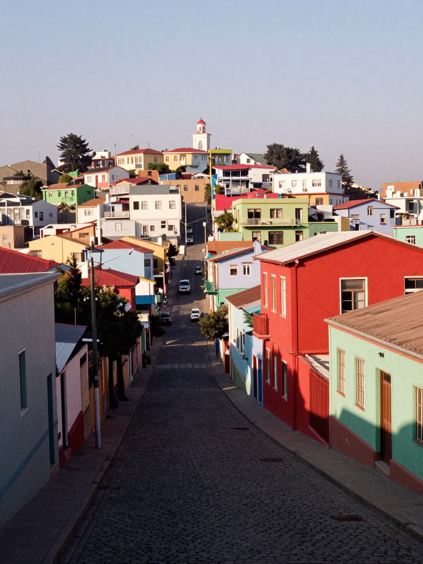 Colorful Valparaiso Chile Street Scene Late Morning with Majolica Details in in Valparaiso, Chile