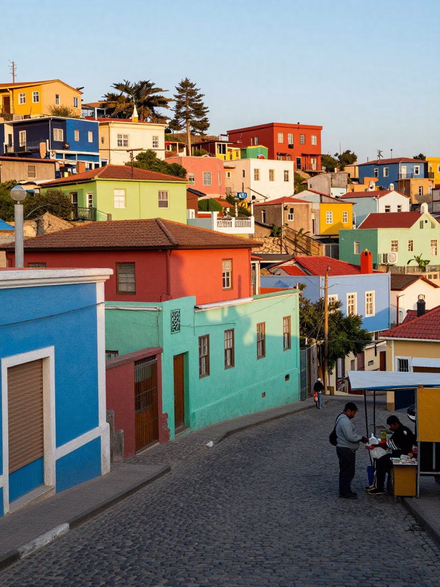 Colorful Valparaiso Chile Street Scene Late Morning with Painted Houses and Local Life in in Valparaiso, Chile