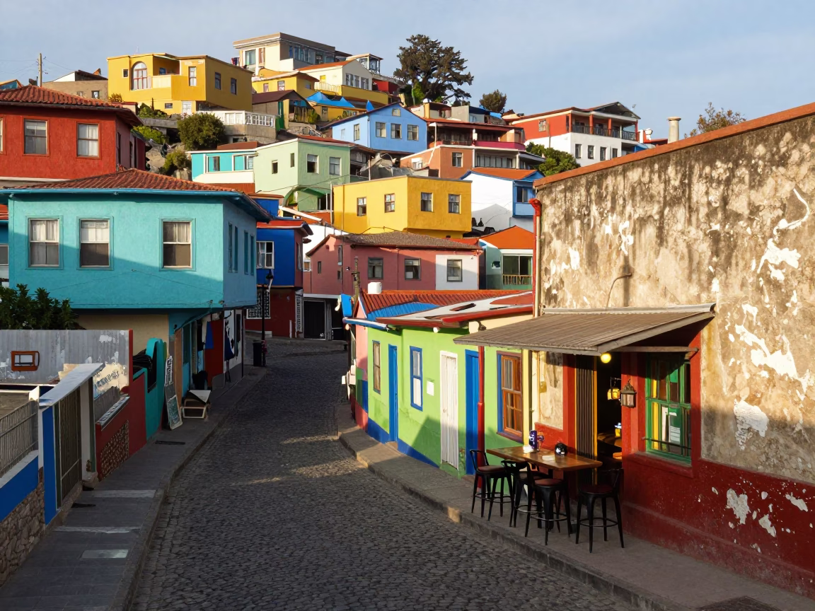 Colorful Valparaiso Chile Street Scene with Bar Stools and Local Life in Early Afternoon in in Valparaiso, Chile