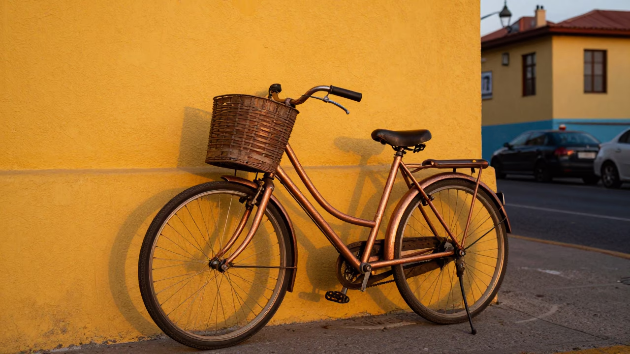 Colorful Valparaiso Chile Street Scene with Bicycle Basket in Copper Dusk Light in in Valparaiso, Chile