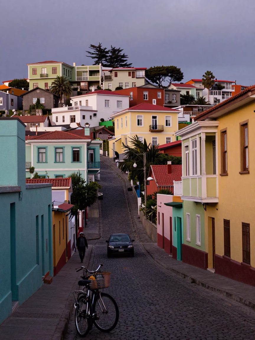 Colorful Valparaiso Chile Street Scene with Bicycle Basket in Early Evening Light in in Valparaiso, Chile