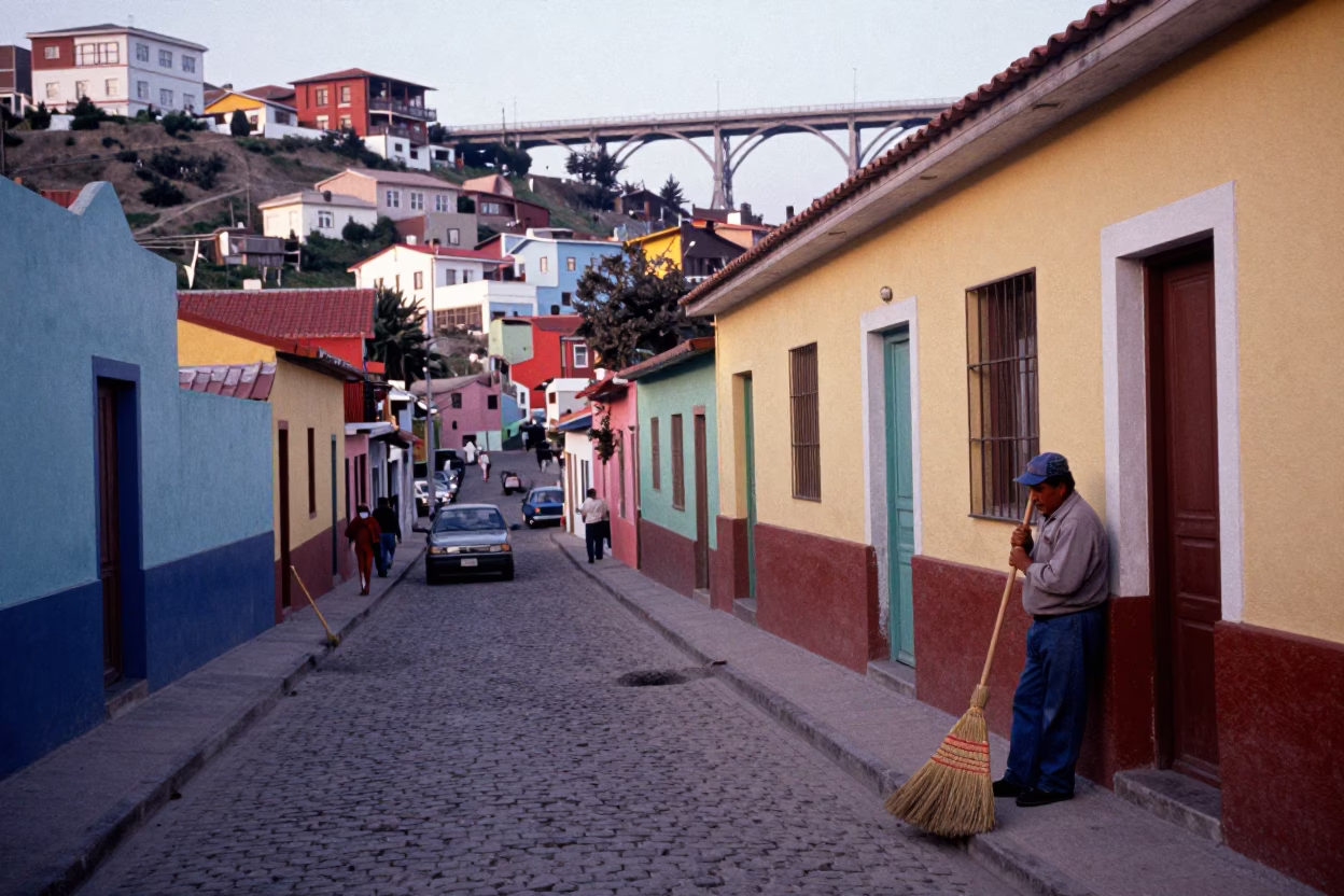 Colorful Valparaiso Chile Street Scene with Brooms and Viaduct in Early Evening in in Valparaiso, Chile