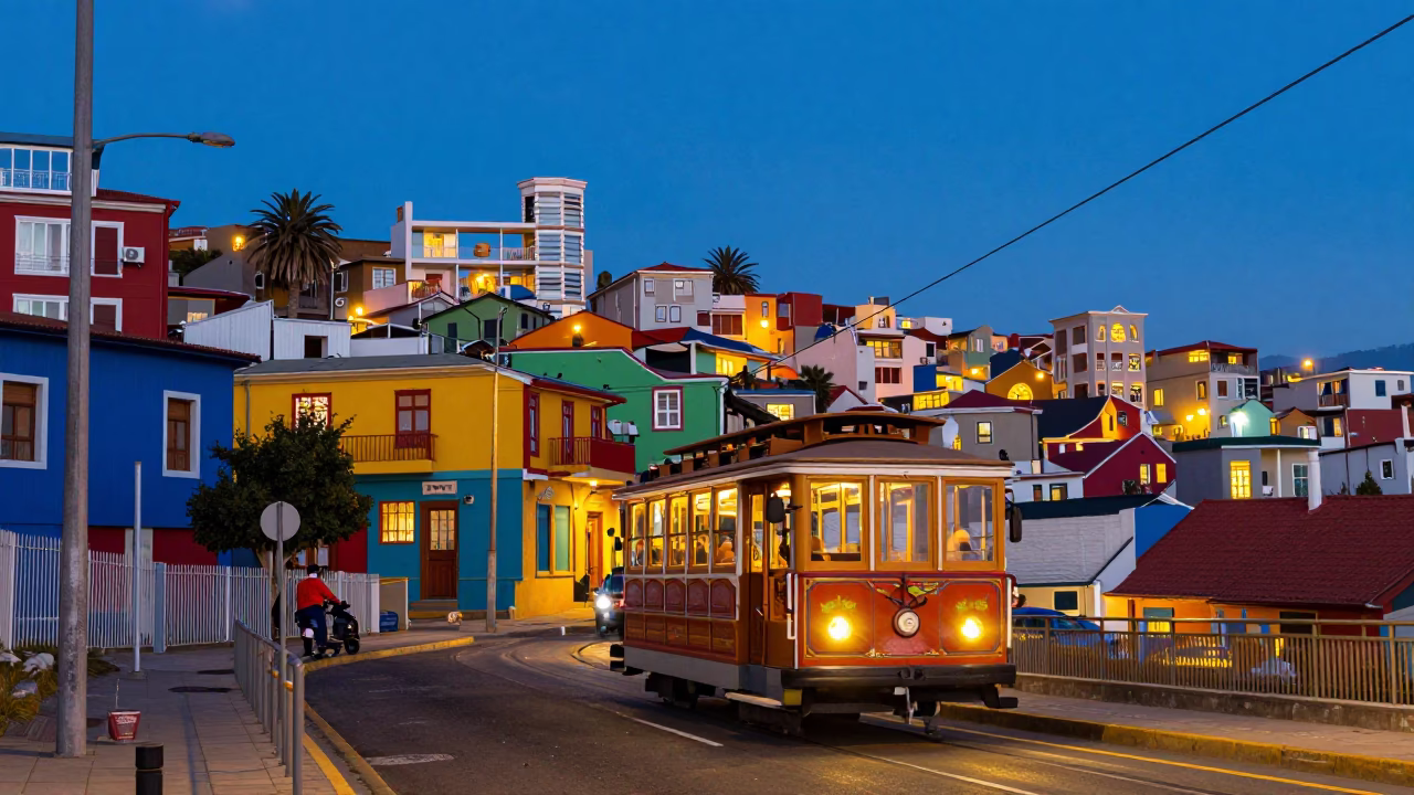 Colorful Valparaiso Chile Street Scene with Cable Car and Twinkling City Lights at Dusk in in Valparaiso, Chile