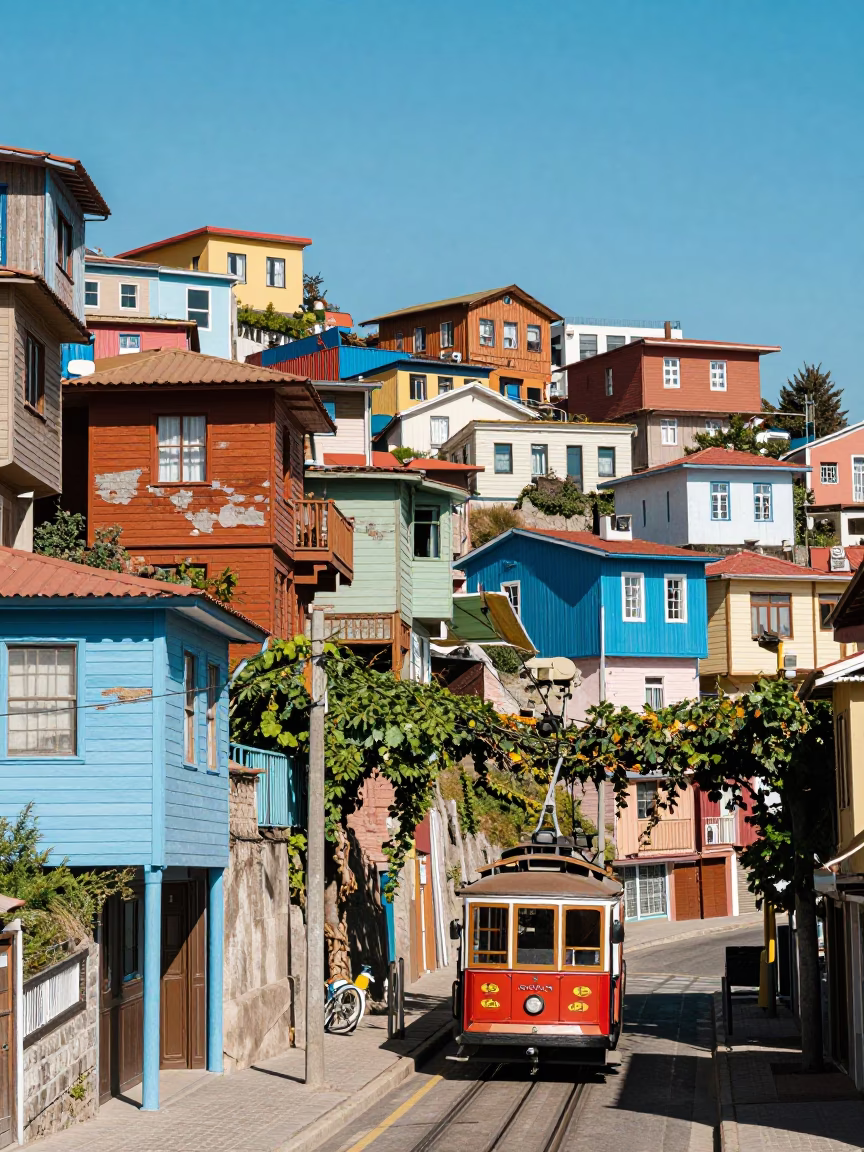 Colorful Valparaiso Chile Street Scene with Cable Car and Vine at Midday in in Valparaiso, Chile