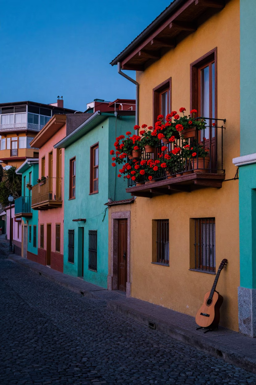 Colorful Valparaiso Chile Street Scene with Geraniums and Guitar at Indigo Twilight in in Valparaiso, Chile