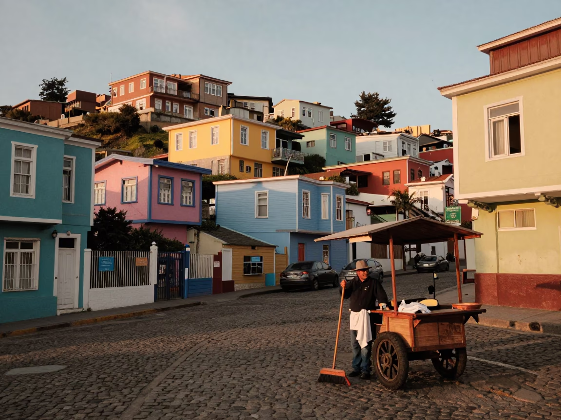 Colorful Valparaiso Chile Street Scene with Hand Broom and Towel in Honeyed Evening Light in in Valparaiso, Chile