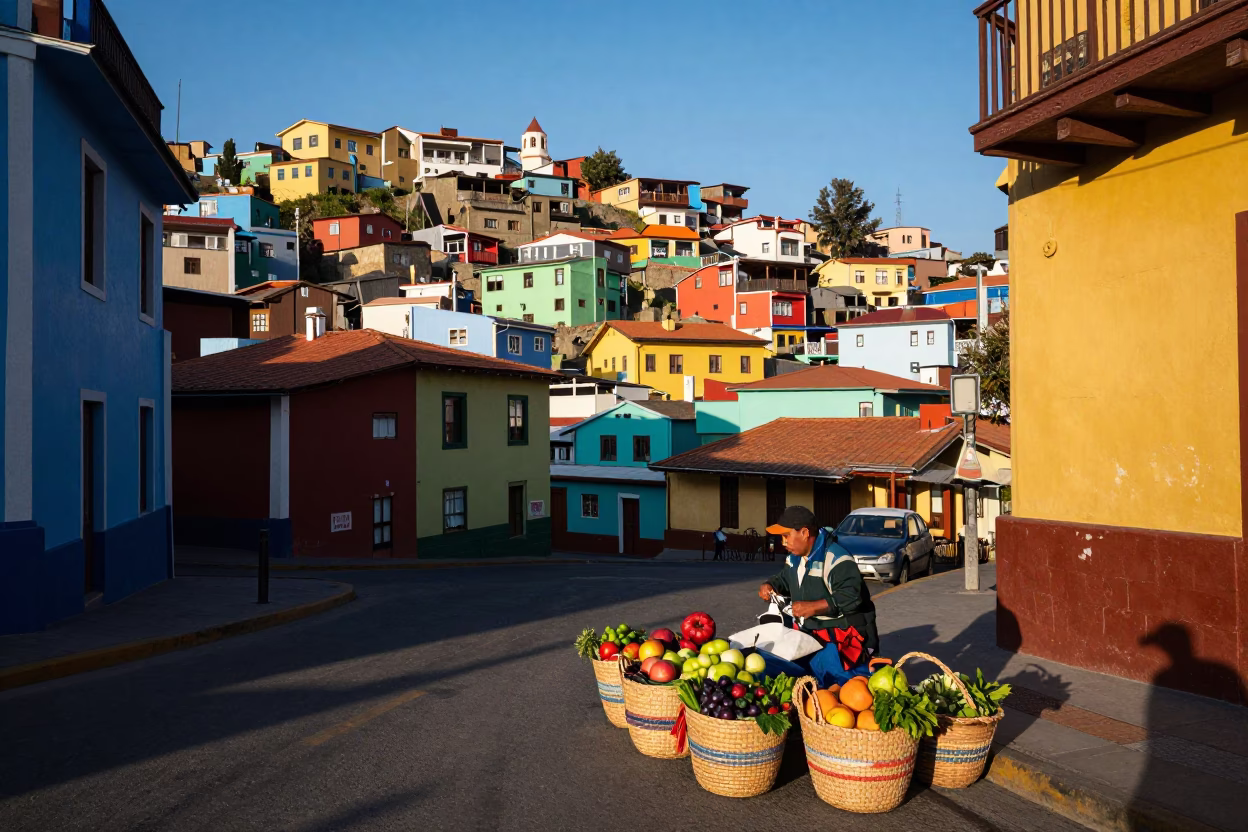 Colorful Valparaiso Chile Street Scene with Local Vendor and Woven Baskets in in Valparaiso, Chile