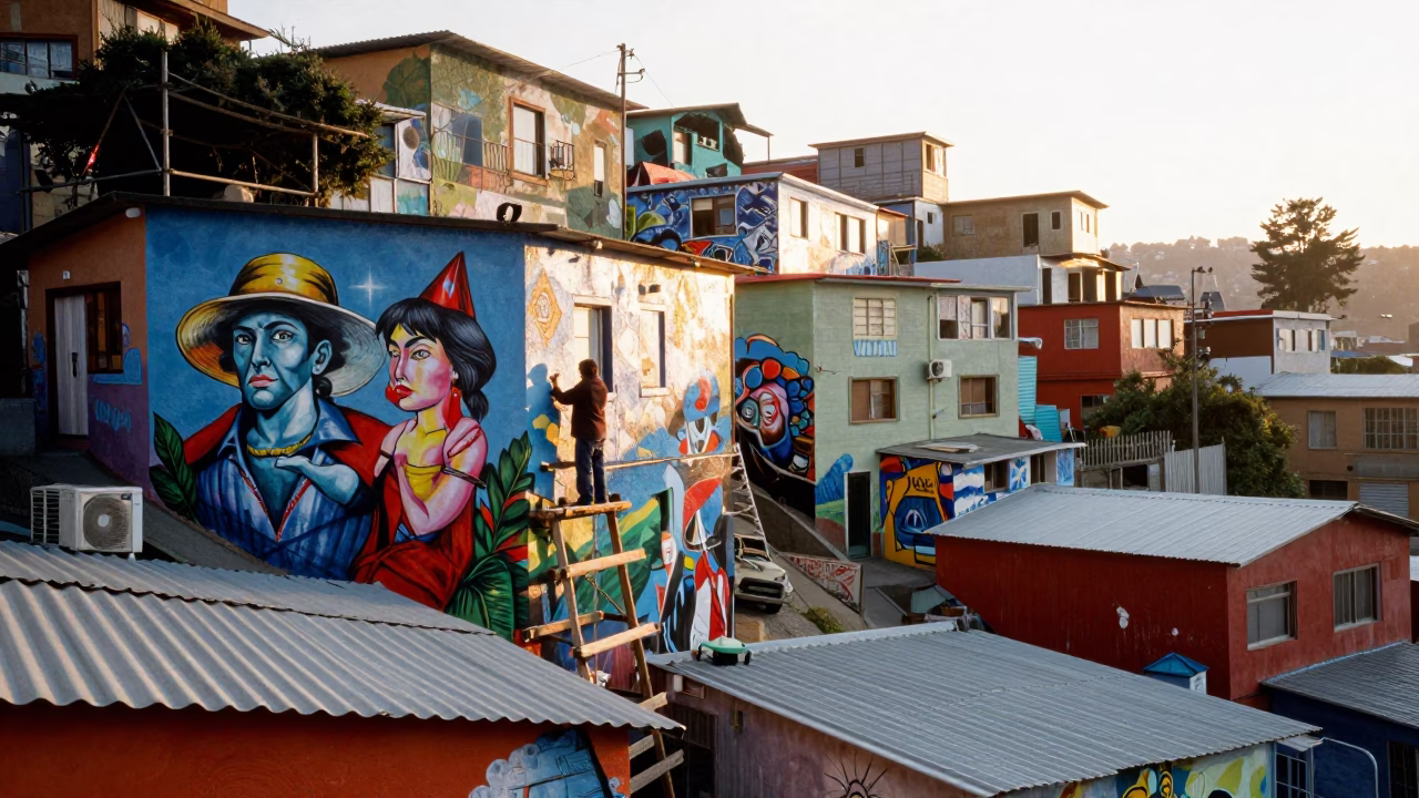 Colorful Valparaiso Chile Street Scene with Muralist and Scaffolding Just After Sunrise in in Valparaiso, Chile