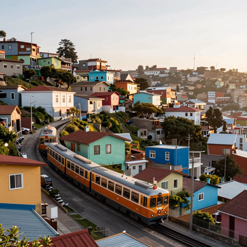 Colorful Valparaiso Chile Street Scene with Rack Railway Train and Local Activity in in Valparaiso, Chile