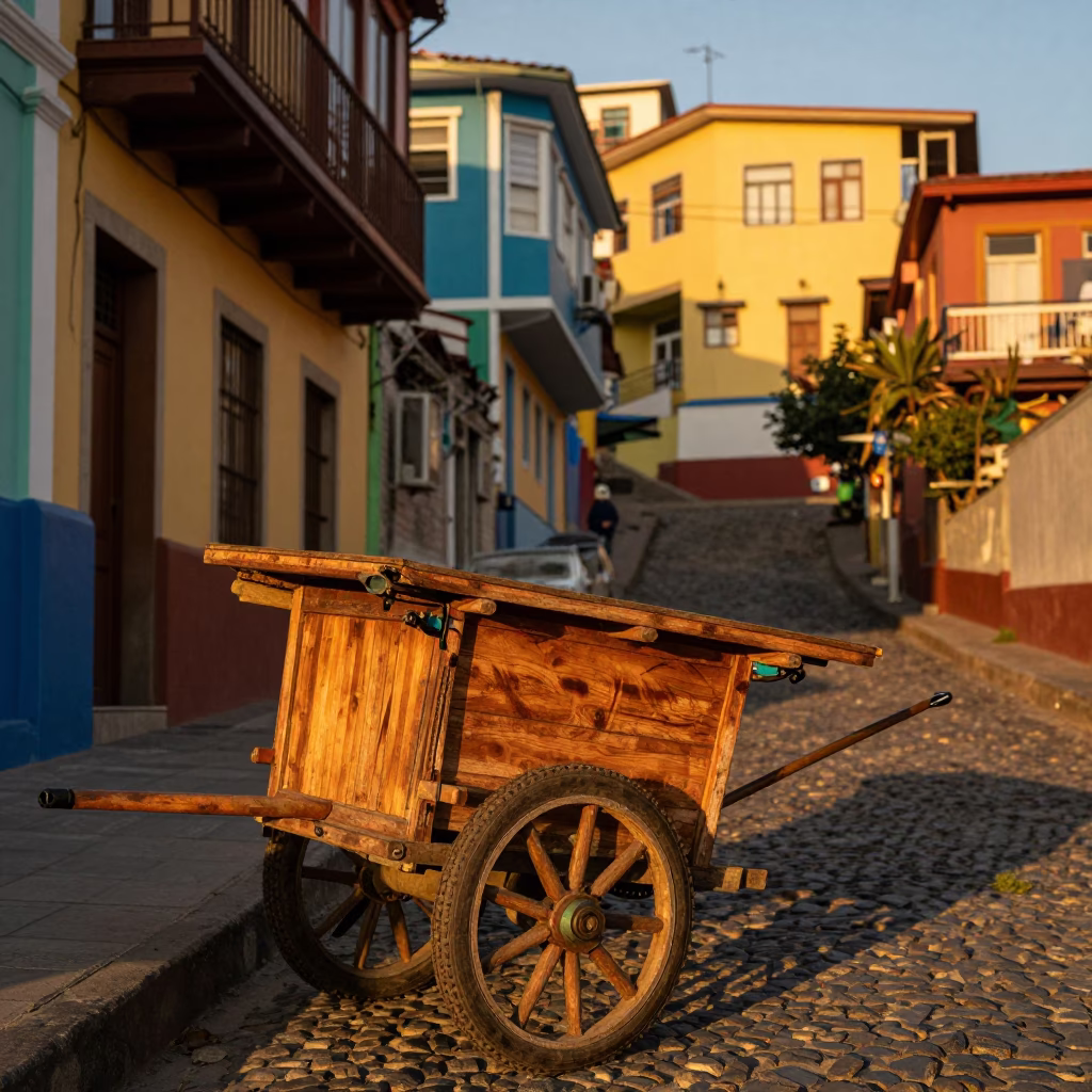 Colorful Valparaiso Chile Street Scene with Rolling Carts in Honeyed Evening Light in in Valparaiso, Chile