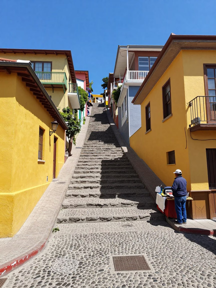 Colorful Valparaiso Chile Street Scene with Stairs and Local Life at Midday in in Valparaiso, Chile