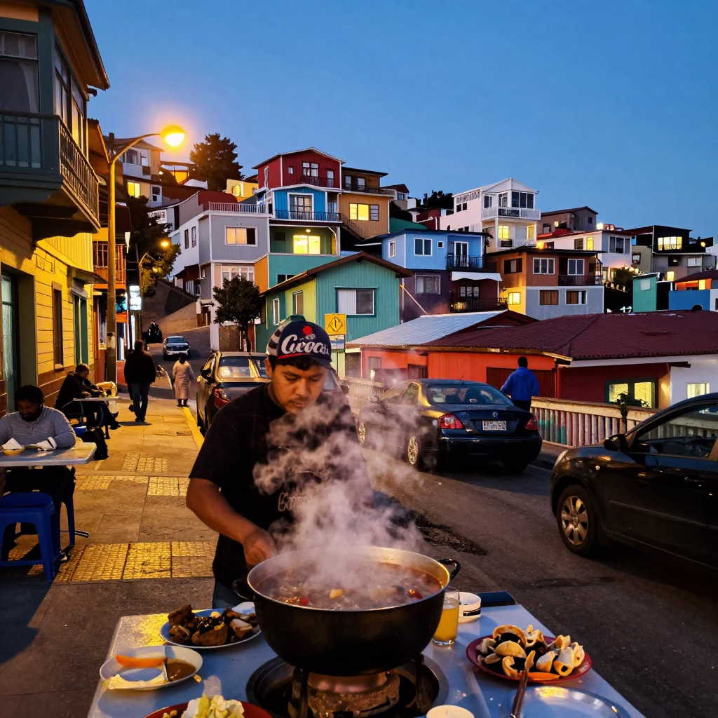 Colorful Valparaiso Chile Street Scene with Steaming Hotpot at Dusk in in Valparaiso, Chile