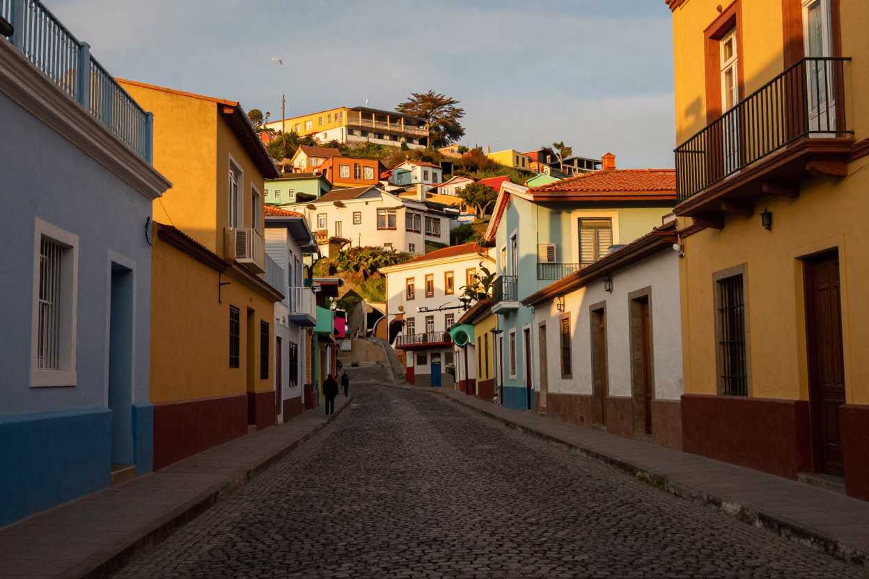 Colorful Valparaiso Chile Street Scene with Vintage Cardigans Hanging in Honeyed Evening Light in in Valparaiso, Chile