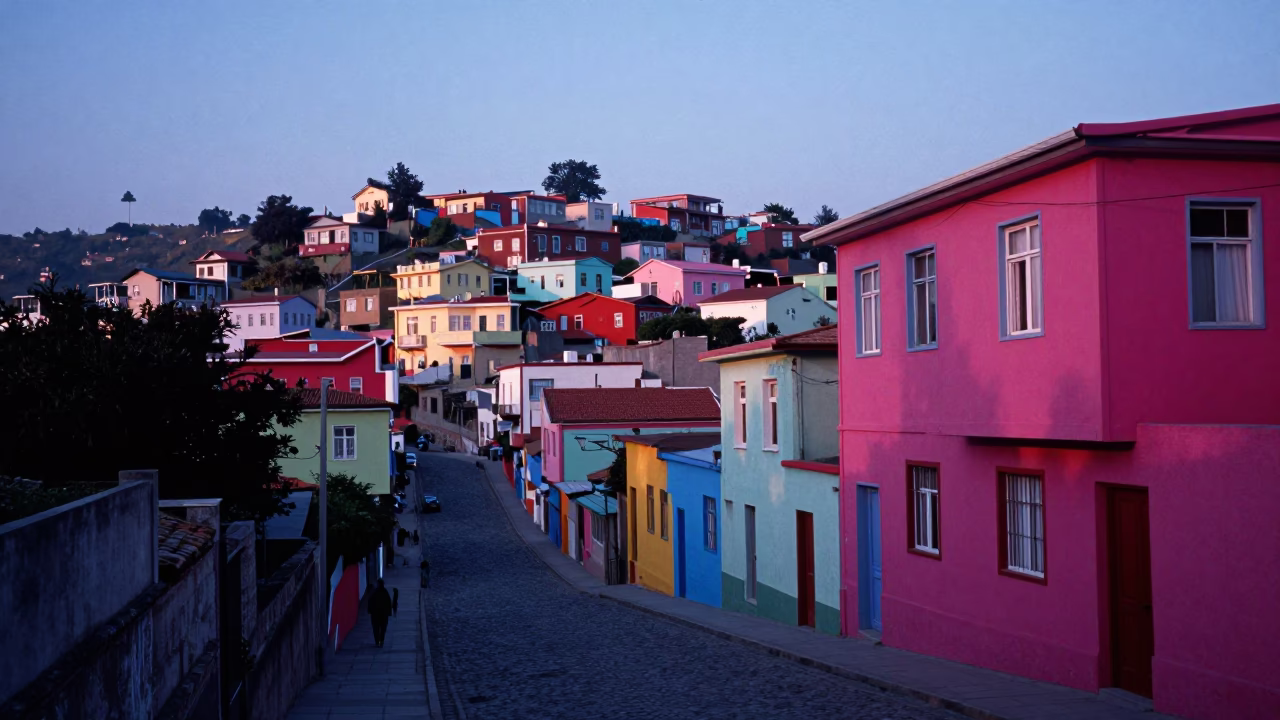 Colorful Valparaiso Hillside Street Scene Before Sunrise with Local Details in in Valparaiso, Chile