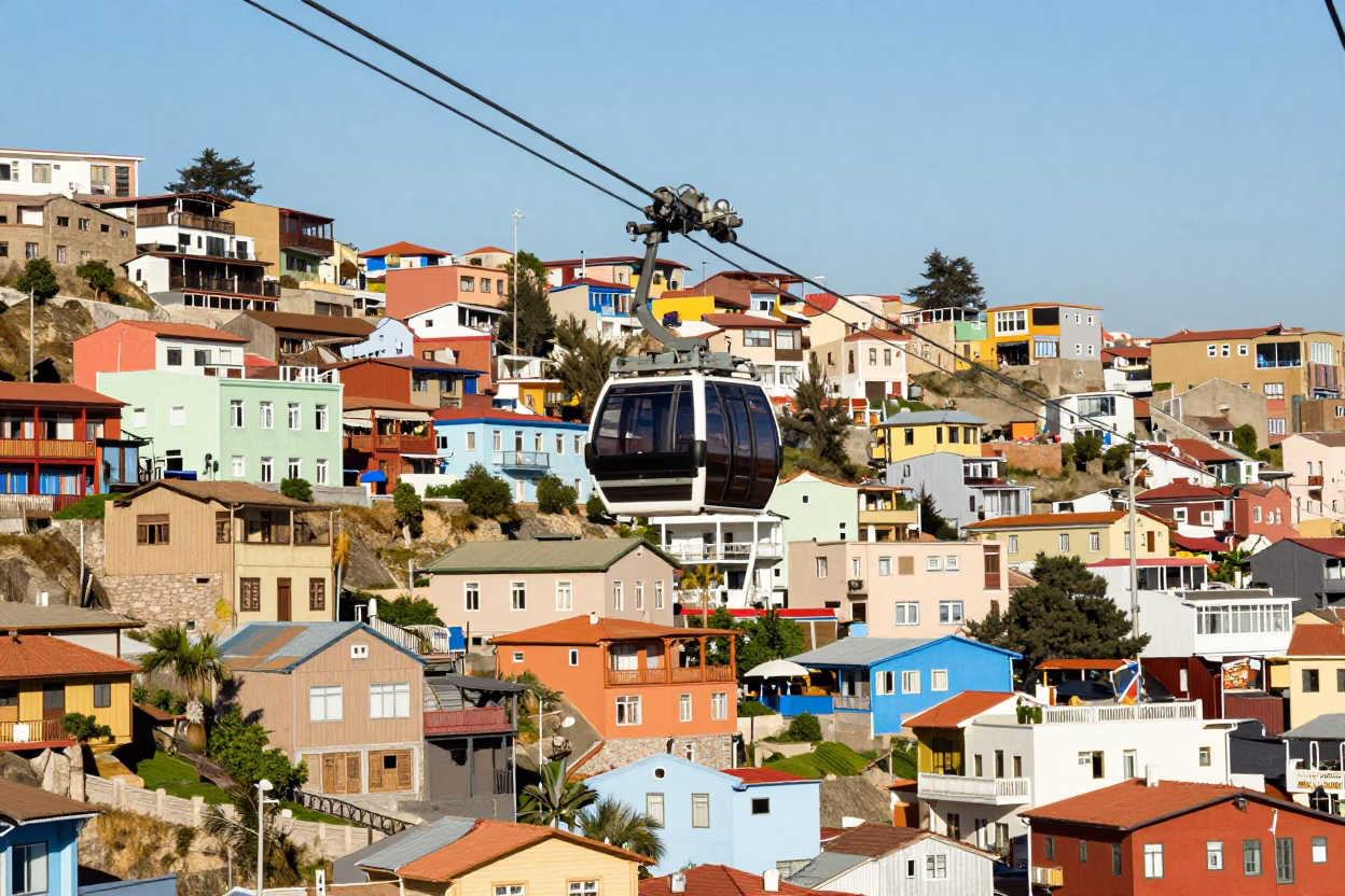 Colorful Valparaiso Hillside Street Scene with Aerial Tramway and Local Market Activity in in Valparaiso, Chile