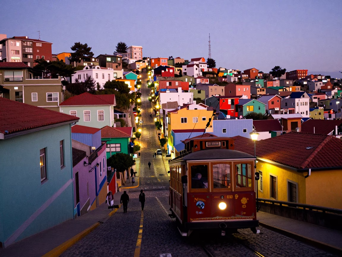 Colorful Valparaiso Hillside Street Scene with Cable Car at Twilight in in Valparaiso, Chile