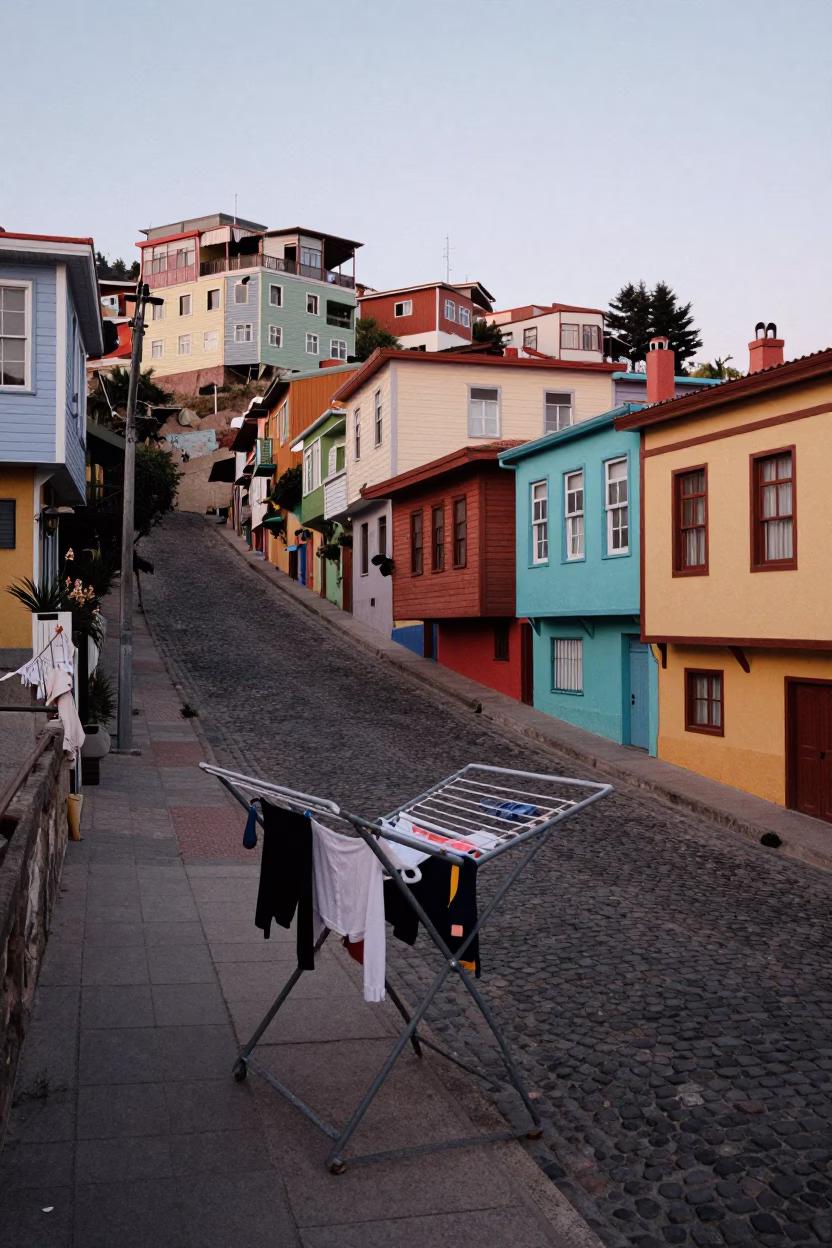Colorful Valparaiso Hillside Street Scene with Drying Rack at Early Evening in in Valparaiso, Chile
