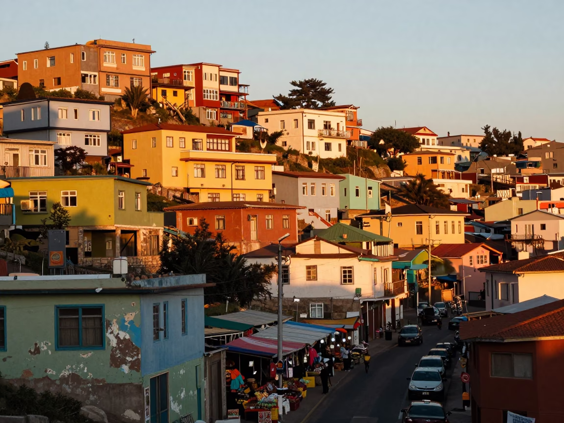 Colorful Valparaiso Hillside Street Scene with Local Market Goods at Golden Hour in in Valparaiso, Chile