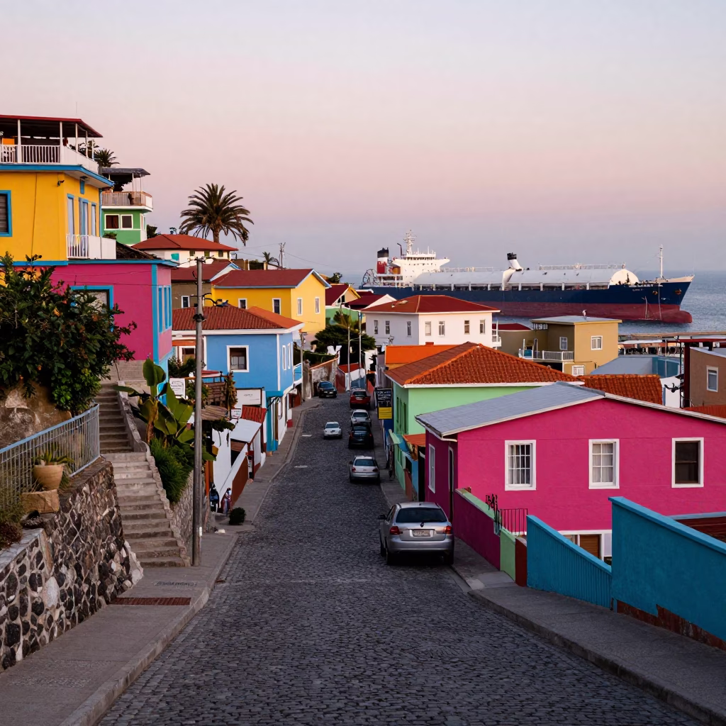 Colorful Valparaiso Hillside Street Scene with Tanker Ship at Dusk in in Valparaiso, Chile