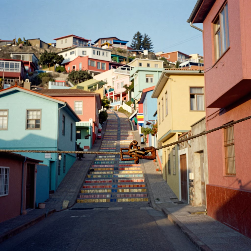 Colorful Valparaiso Hillside Street Scene with Turnbuckle and Cable Car in Late Afternoon Light in in Valparaiso, Chile