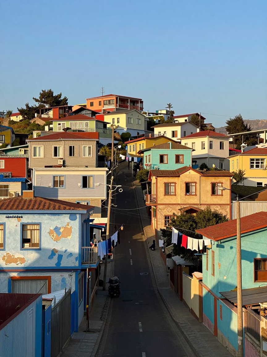 Colorful Valparaiso Hillside Streets with Laundry and Onions in Late Afternoon Light in in Valparaiso, Chile