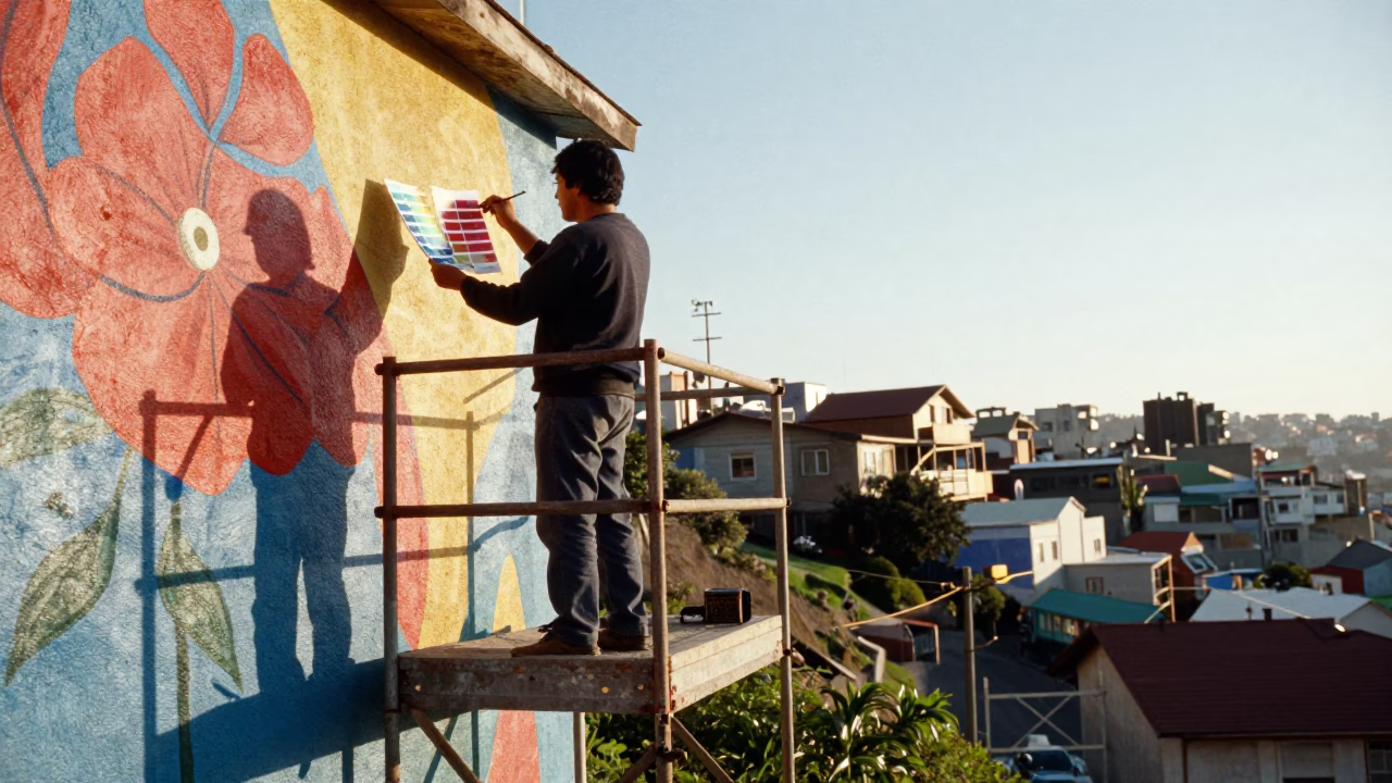 Colorful Valparaiso Muralist Painting Sample Swatches From Scaffold Platform Early Afternoon in in Valparaiso, Chile