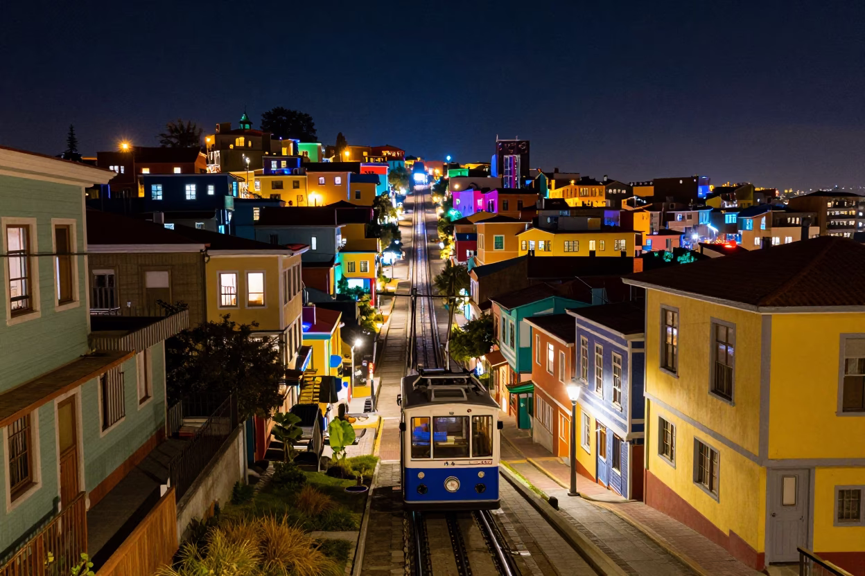 Colorful Valparaiso Night Street Scene with Funicular Railway and Neon Lights in in Valparaiso, Chile