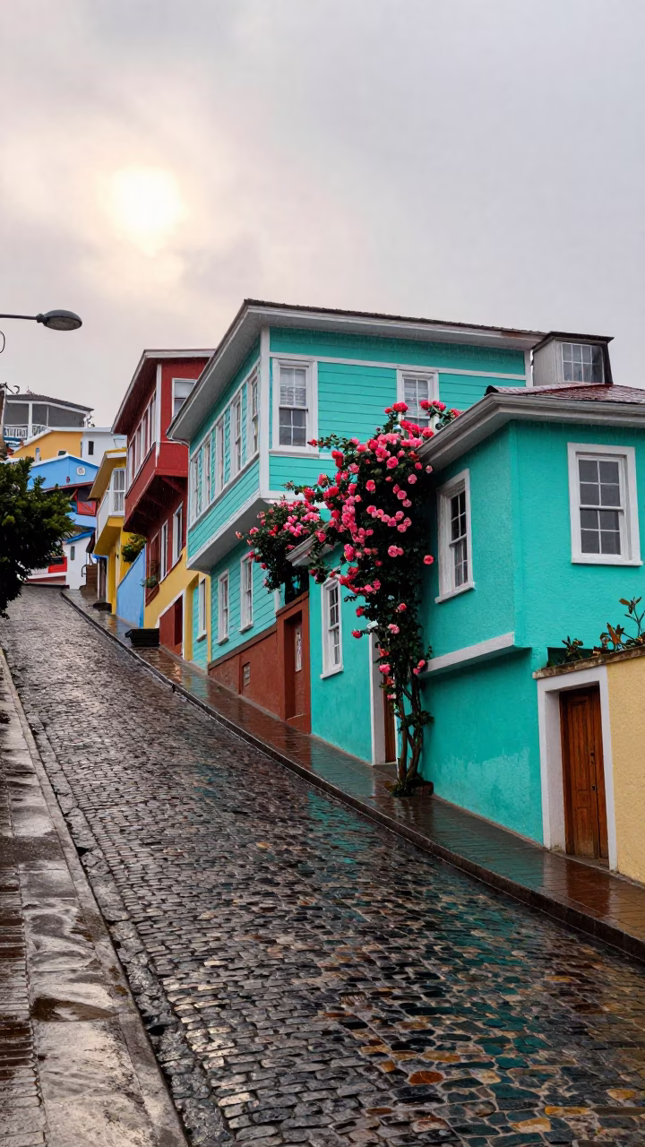 Colorful Valparaiso Steep Street Scene After Morning Rain in in Valparaiso, Chile