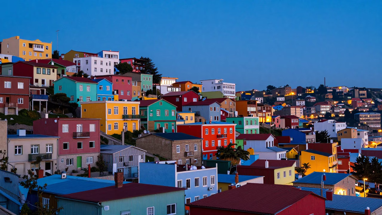 Colorful Valparaiso Street Scene at Blue Hour with Hanging Laundry and Urban Architecture in in Valparaiso, Chile
