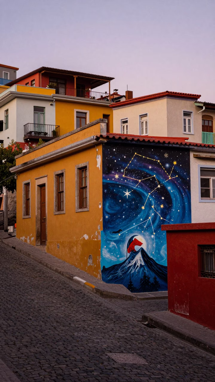 Colorful Valparaiso Street Scene Early Evening with Mural and Harbor Beacon in in Valparaiso, Chile