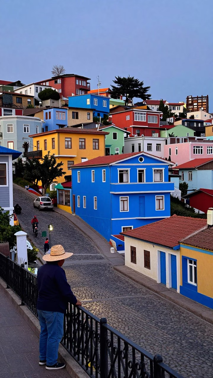Colorful Valparaiso Street Scene Early Evening with Straw Hat and Local Architecture in in Valparaiso, Chile