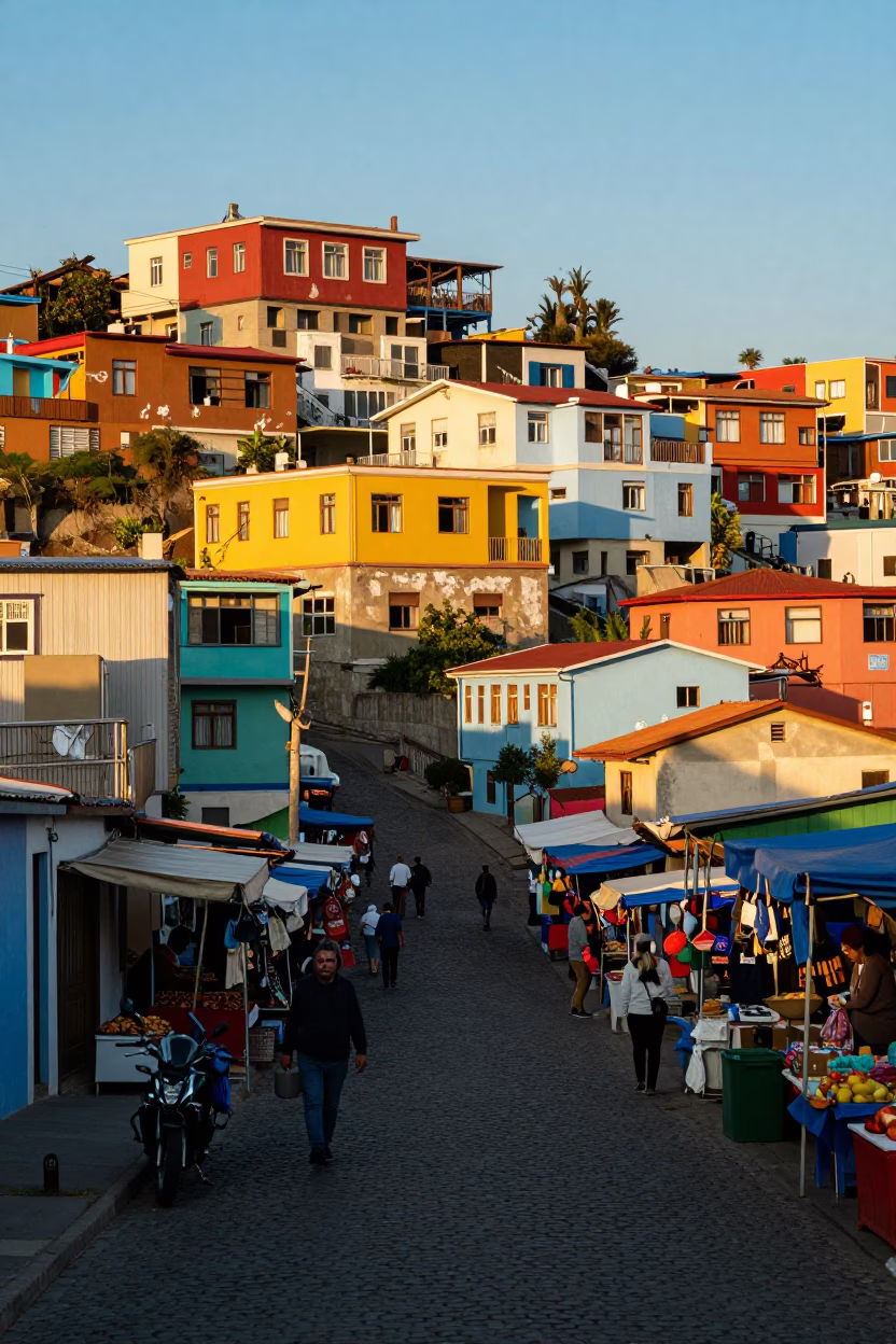 Colorful Valparaiso Street Scene Late Afternoon with Local Market Stalls in in Valparaiso, Chile