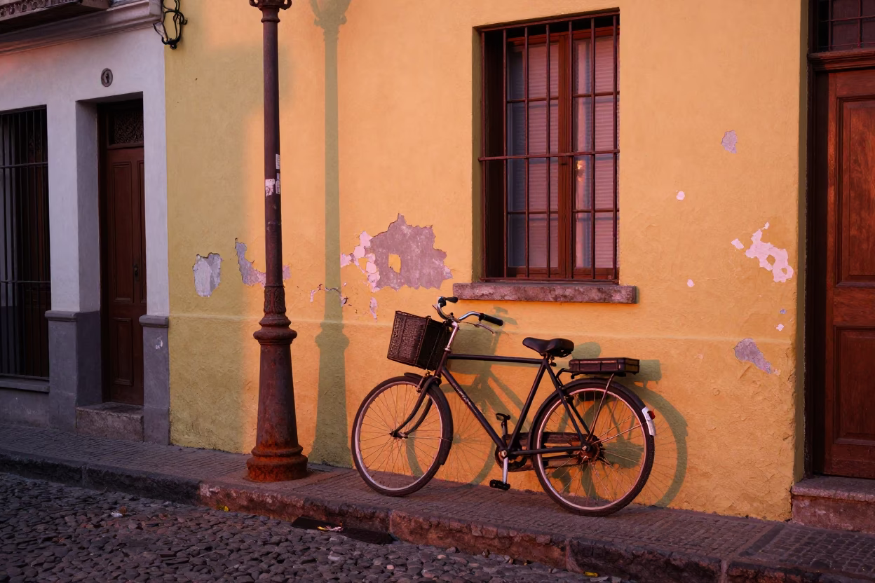 Colorful Valparaiso Street Scene with Bicycle and Toolbox in Copper Dusk Light in in Valparaiso, Chile