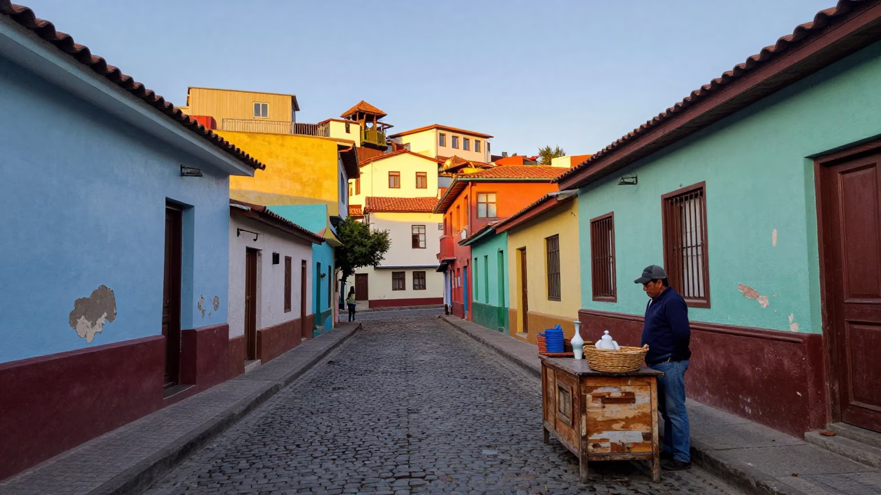 Colorful Valparaiso Street Scene with Carafe and Basket at Sunrise in in Valparaiso, Chile