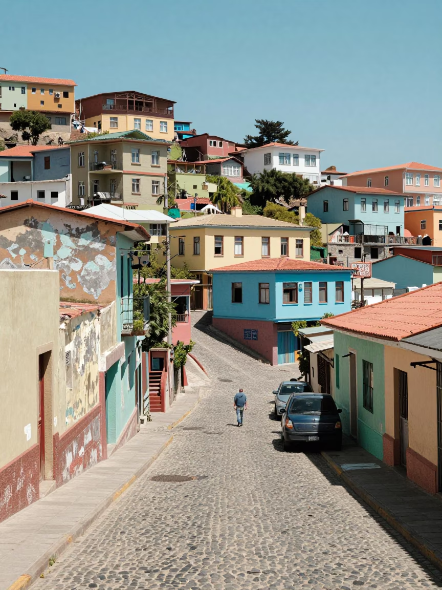 Colorful Valparaiso Street Scene with Faded Paint and Local Detail in in Valparaiso, Chile