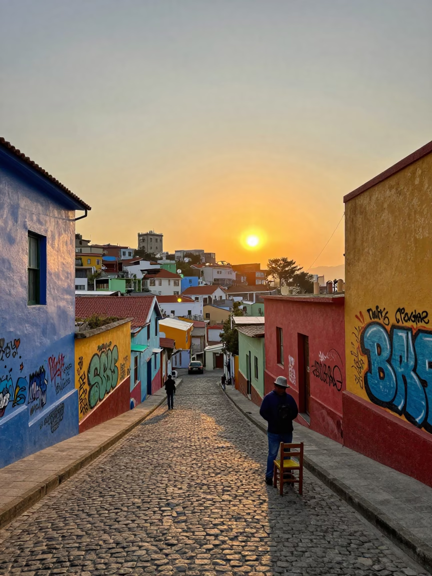 Colorful Valparaiso Street Scene with Graffiti and Sunset Light in Chile in in Valparaiso, Chile