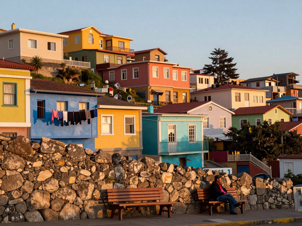 Colorful Valparaiso Street Scene with Hanging Laundry and Stone Steps in in Valparaiso, Chile