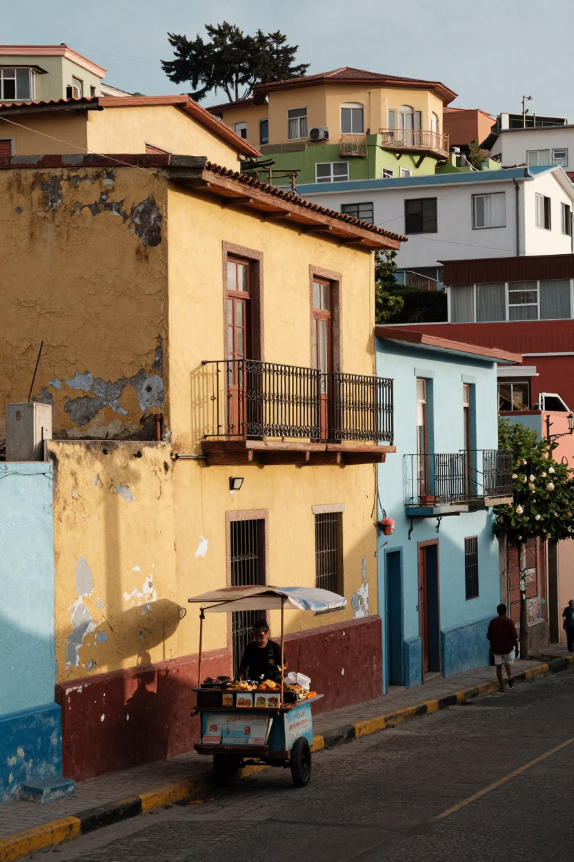 Colorful Valparaiso Street Scene with Local Cuisine and Vintage Details in in Valparaiso, Chile