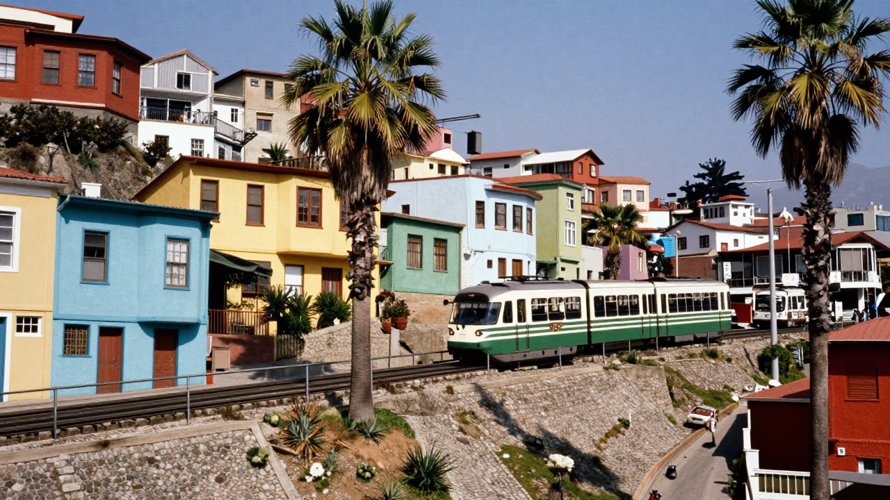 Colorful Valparaiso Street Scene with Monorail and Palm Trees at Midday in in Valparaiso, Chile