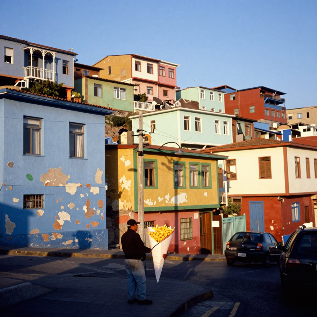 Colorful Valparaiso Street Scene with Paper Cone of Frites and Stepladder in in Valparaiso, Chile