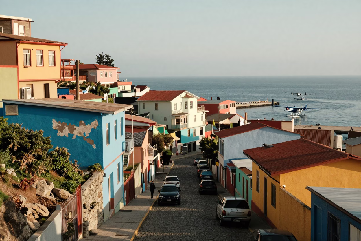 Colorful Valparaiso Street Scene with Seaplane and Local Life in Late Morning in in Valparaiso, Chile