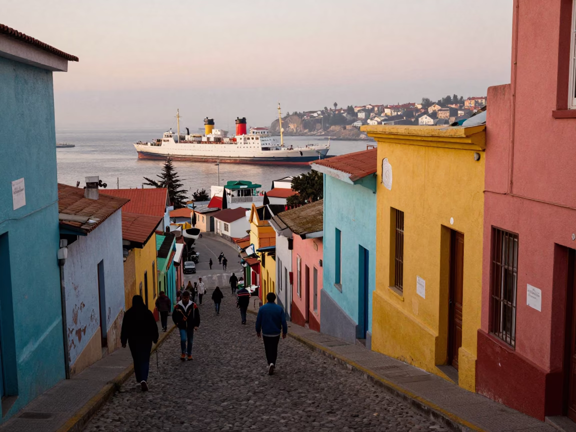 Colorful Valparaiso street scene with steamship in harbor at early evening in in Valparaiso, Chile