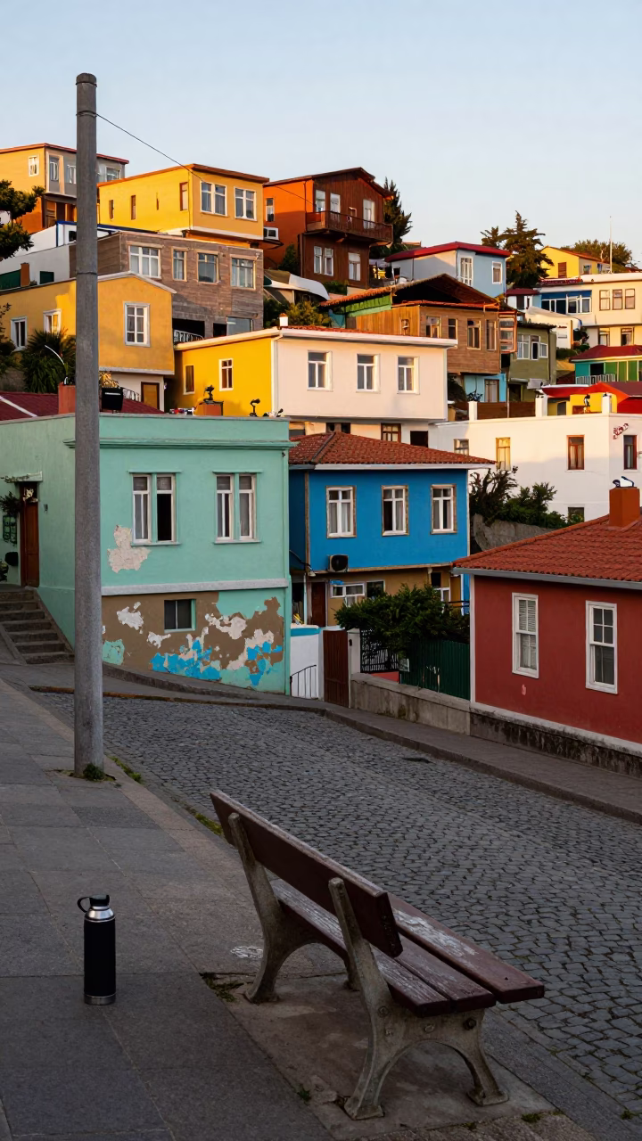 Colorful Valparaiso Street Scene with Thermos and Park Bench at Sunrise in in Valparaiso, Chile