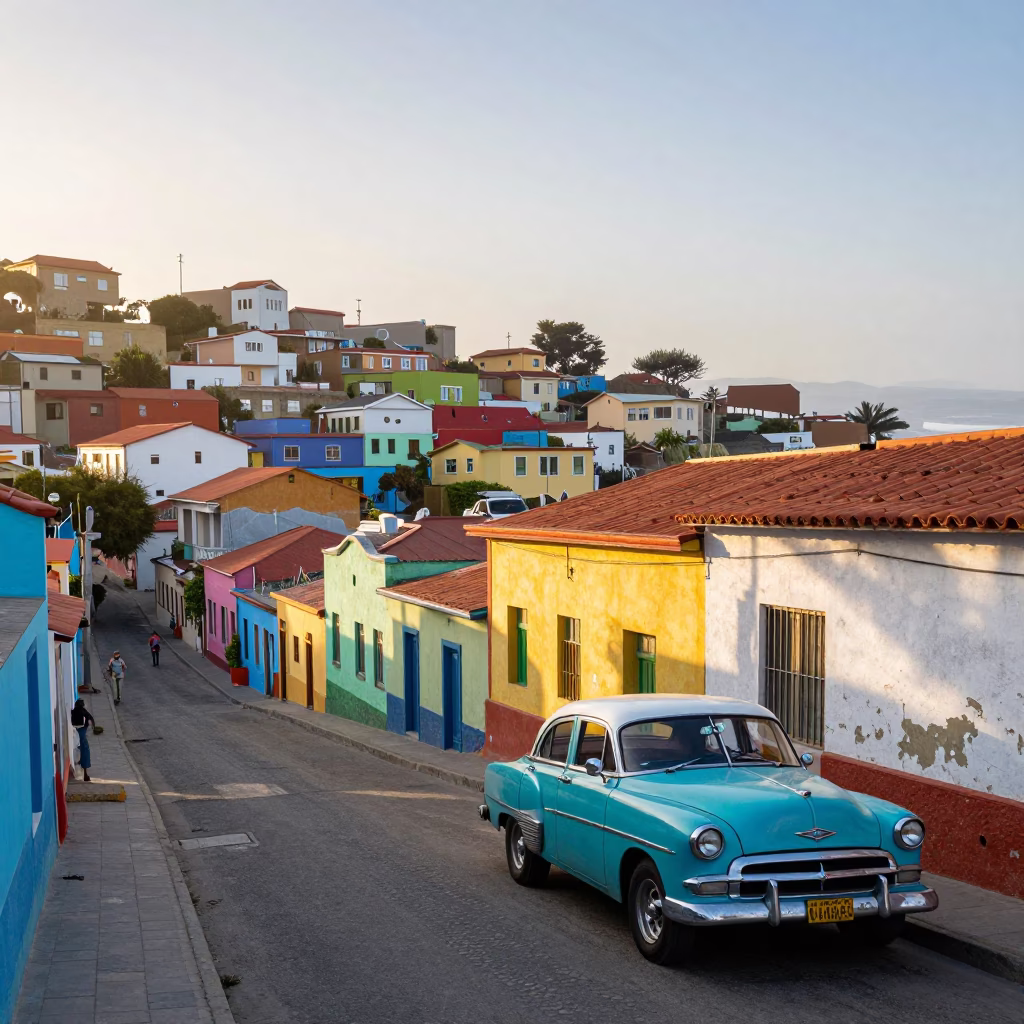 Colorful Valparaiso Street Scene with Vintage Car and Coastal Bridge at Sunrise in in Valparaiso, Chile