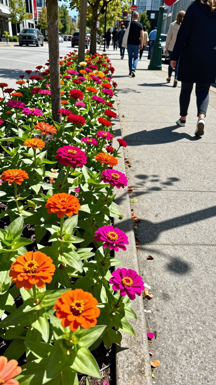 Colorful Vancouver Street Scene with Orange Zinnias and Casual Urban Life at Midday in in Vancouver, British Columbia, Canada
