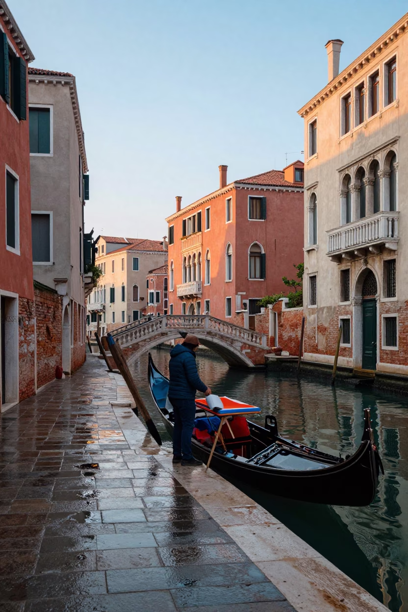 Colorful Venetian Canal Scene Before Sunrise with Carnival Mask and Historic Architecture in in Venice, Italy