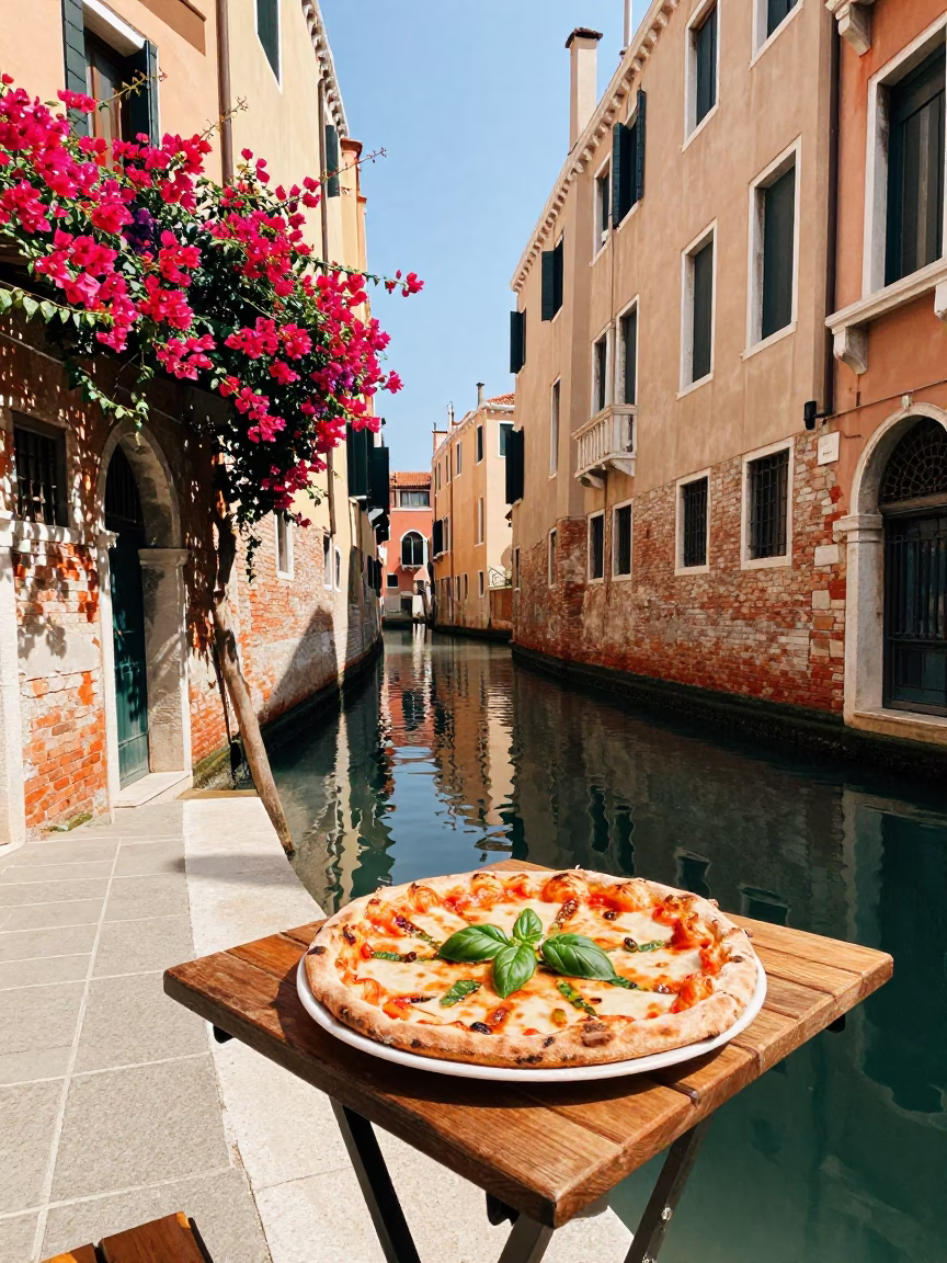 Colorful Venetian Canal Scene with Bougainvillea and Pizza Slice at Midday in in Venice, Italy