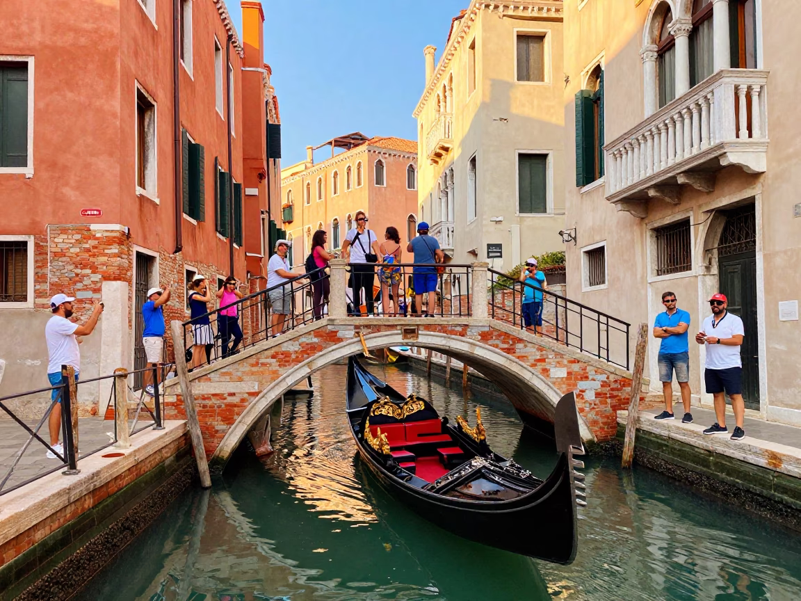 Colorful Venetian Street Scene with Gondola and Tourists in Late Afternoon Light in in Venice, Italy