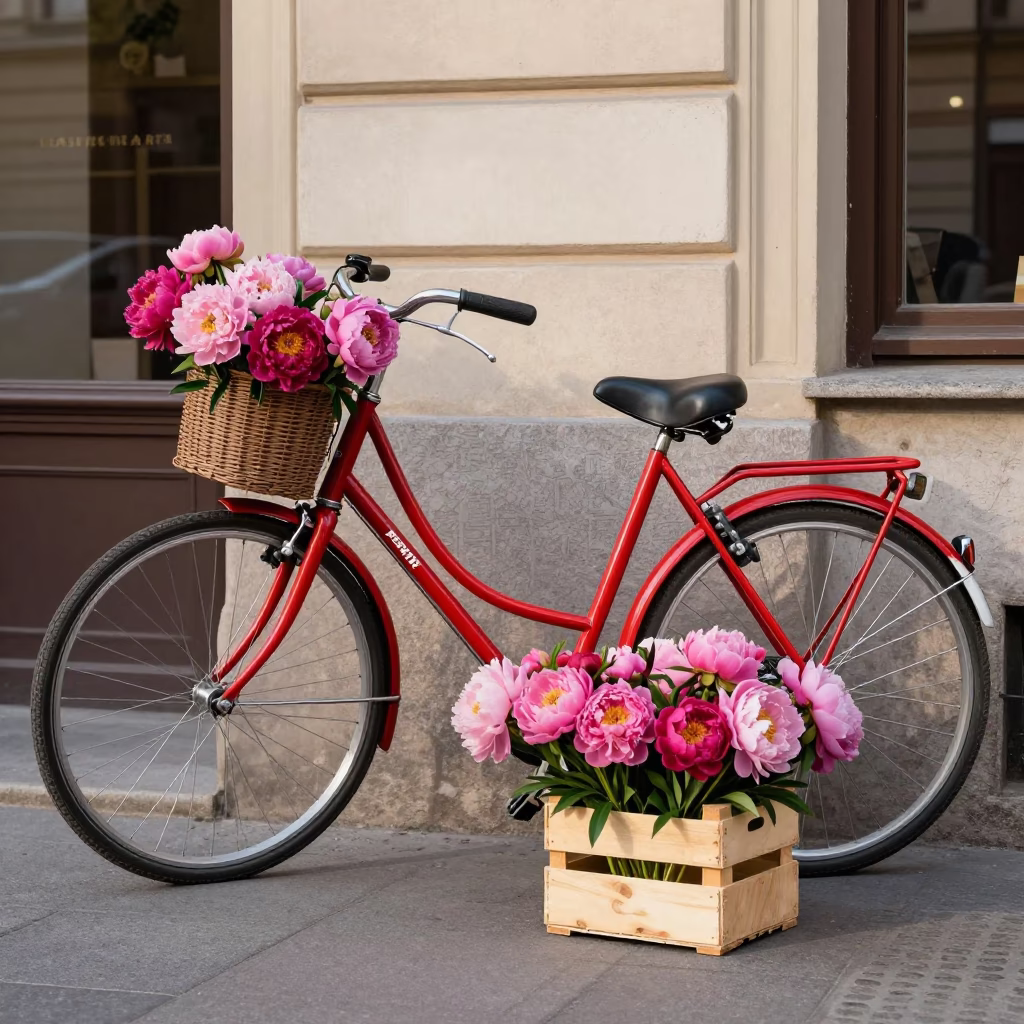 Colorful Vienna Street Scene with Bicycle and Fresh Peonies in Late Afternoon Light in in Vienna, Austria