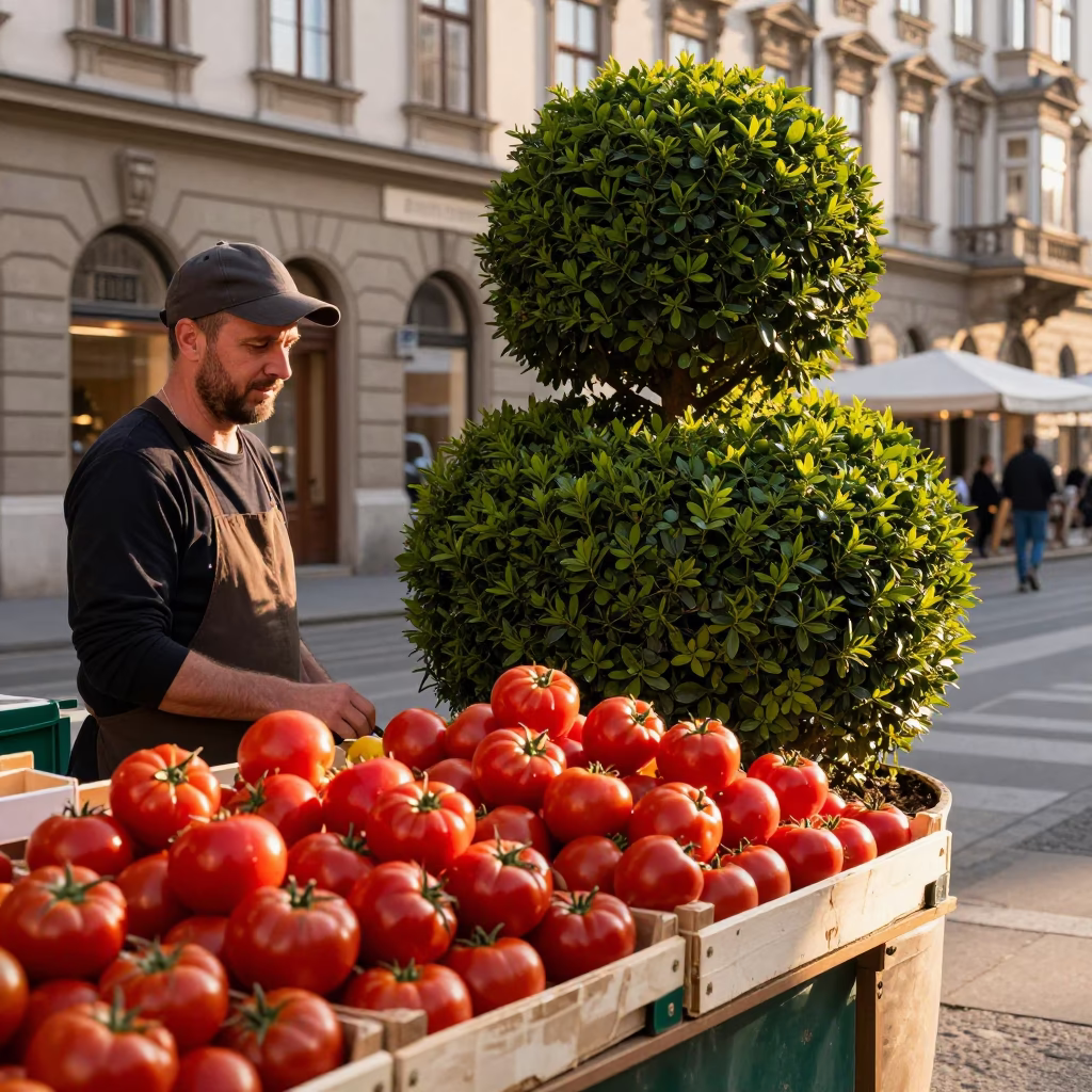 Colorful Vienna Street Scene with Tomato Vendor and Boxwood Hedges in Late Afternoon Light in in Vienna, Austria
